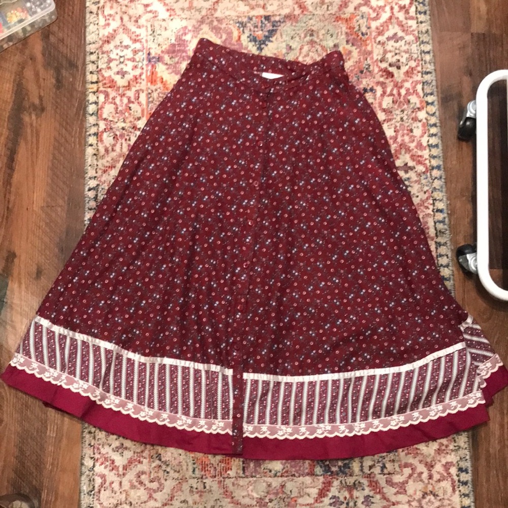 1970s Gunne Sax Jessica Gunnie's Prairie Peasant Midi Skirt Maroon Ditsy Print 7